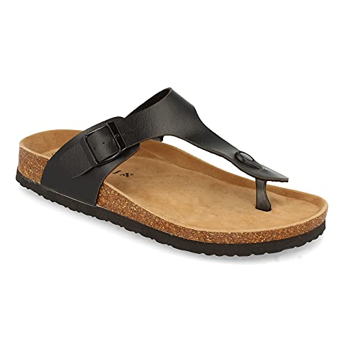 Sandalia Plana de Esclava para Mujer, Comodas, con Detalle de Hebilla, y Talon Abierto, Primavera Verano 2021. Talla 38 Negro