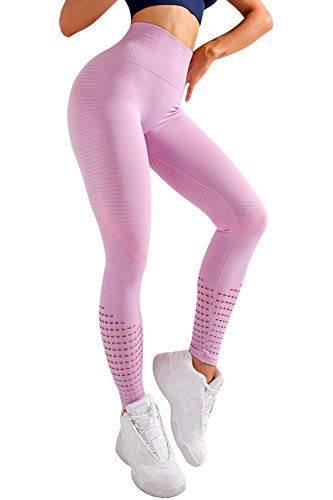 Sin Costura Leggins Mujer, Mallas Fitness Push Up Pantalones Deporte Running Yoga GP-23(Pink,XL)