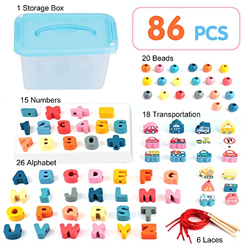 Sirecal Cuentas Madera Juguete de Enhebrar 86 Piezas Ensartables Infantiles Bloque de Madera Montessori Educational Toys para Niños Pequeños y Bebés