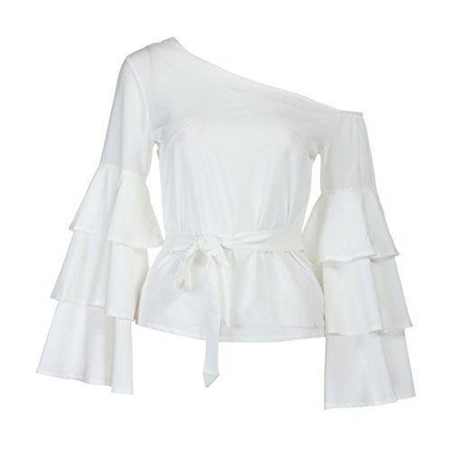 Siswong Camiseta Blusa Manga Larga de Volantes Blusa Playa Hombros Descubiertos Elegante Tops Mujer Fiesta Noche (Blanco, M)