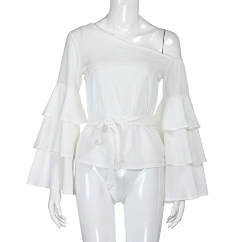 Siswong Camiseta Blusa Manga Larga de Volantes Blusa Playa Hombros Descubiertos Elegante Tops Mujer Fiesta Noche (Blanco, M)