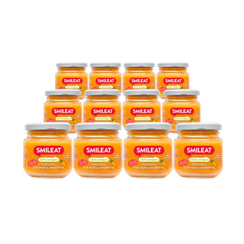 Smileat - Tarritos Ecológicos de Manzana, Naranja y Zanahoria, Ingredientes Naturales, Para Bebés a partir de los 4 Meses - Pack de 12x130g - 1560g
