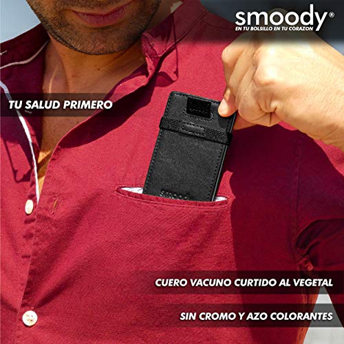 smoody® Tarjetero para 10 Tarjetas de Credito Bloqueo RFID Cartera Minimalista Hombre y Mujer Pequeña Billetera con Elástico y Pull-up Cuero Vacuno Sin Cromo (Negro)