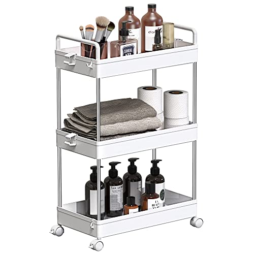 SOLEJAZZ Carro de Almacenamiento de 3 Niveles Carro de Utilidad Deslizante Organizador de estanterías de Almacenamiento móvil para Cocina, baño, lavandería, Lugares Estrechos, plástico, Blanco