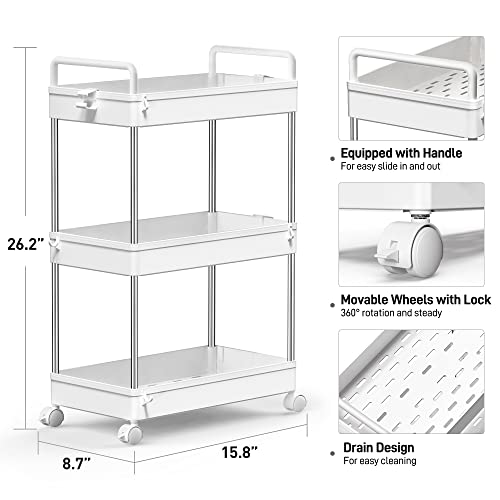 SOLEJAZZ Carro de Almacenamiento de 3 Niveles Carro de Utilidad Deslizante Organizador de estanterías de Almacenamiento móvil para Cocina, baño, lavandería, Lugares Estrechos, plástico, Blanco