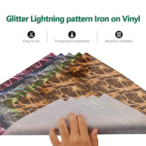 SOMOLUX HTV Glitter Lightning Pattern Iron on Vinyl Bundle Easy to Weed Heat Transfer Vinyl para camisetas de 30,5 x 25,4 cm, 5 colores surtidos 5 hojas paquete