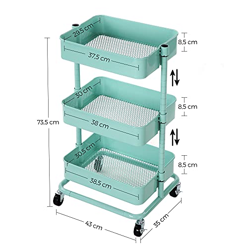 SONGMICS Carro de Almacenamiento de 3 Niveles, Estantería con Ruedas, con Estantes Ajustables en Altura, con 2 Frenos, Montaje Sencillo, para Baño, Cocina, Oficina, Verde Menta BSC60M