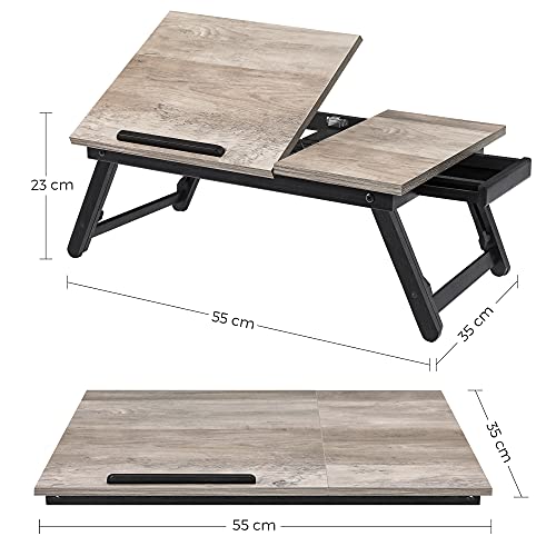 SONGMICS Escritorio Portátil para Cama o Sofá con Tapa Ajustable, Bandeja para Servir Desayuno con Patas Plegables de Altura Ajustable, para Pantallas de hasta 15,6 Pulgadas, Marrón Rústico LLD105B01