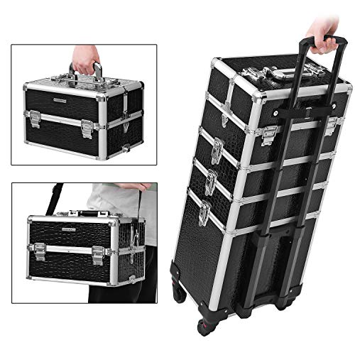 SONGMICS Maleta para Maquillaje, 7 en 1 Multiuso, Profesional, Tipo Trolley, Asa Telescópica, PU Cocodrilo, Extragrande, Negro, JHZ06B