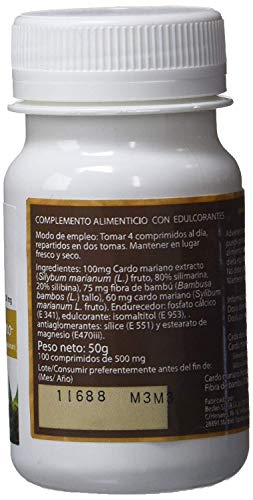 SotyaBelsan Cardo Mariano 500 mg 200 comprimido(2 botes de 100) extracto seco Silimarina 80%+30% Silibina, depurativo limpiador y desintoxicante natural para el hígado. Ayuda digestión de las grasas