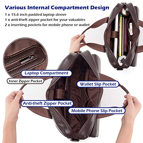 SPAHER Bolso Bandolera Hombre,Maletín para Portátiles de 15,6", Bolso de Mensajero Hombre de Piel, Bolsa Bandolera de Mano Vintage, Bandolera Portátil para Trabajo/Negocio,Café
