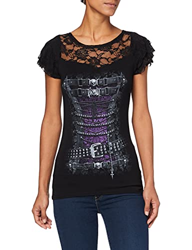Spiral - Waisted Corset - Camiseta con Mangas de Casquillo - Capas de Encaje en los Hombros - Negro - XL