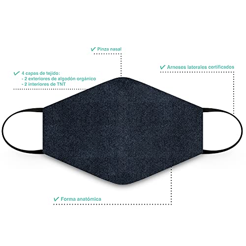SUAVINEX Mascarillas Infantiles 6-10 Años Higiénicas Reutilizables Certificadas y Homologadas. 3 Capas. 25 Ciclos de Lavado. Fabricadas en España, 2 Unidades, Denim y Negra 30 g