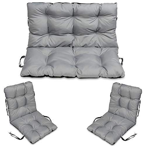 SuperKissen24. Cojín para Banco Exterior 100x50x60 + 2X 48x48 cm Asiento Cómodo e Impermeable para Bancos y Columpios de Jardín, Terraza - Gris
