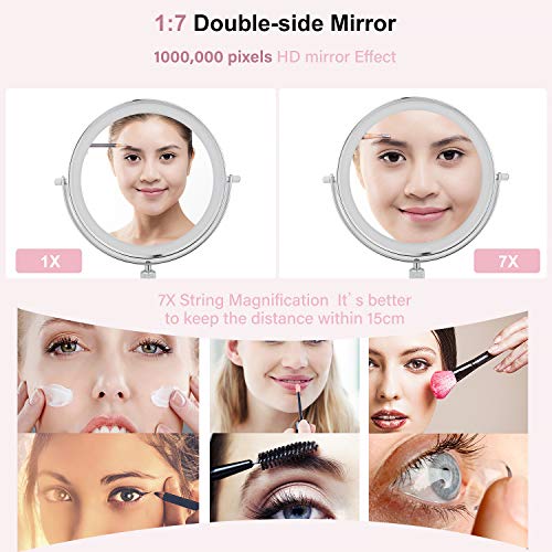 SWAWIS Espejo Maquillaje con Luz, 1x/7x Aumento Espejo Maquillaje Pared 360 Rotación Espejos de Doble Cara, Espejo Maquillaje Extensibles para Baño y Tocador (Plata)