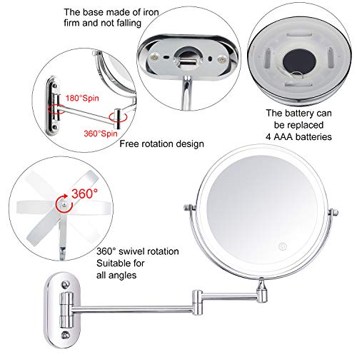 SWAWIS Espejo Maquillaje con Luz, 1x/7x Aumento Espejo Maquillaje Pared 360 Rotación Espejos de Doble Cara, Espejo Maquillaje Extensibles para Baño y Tocador (Plata)