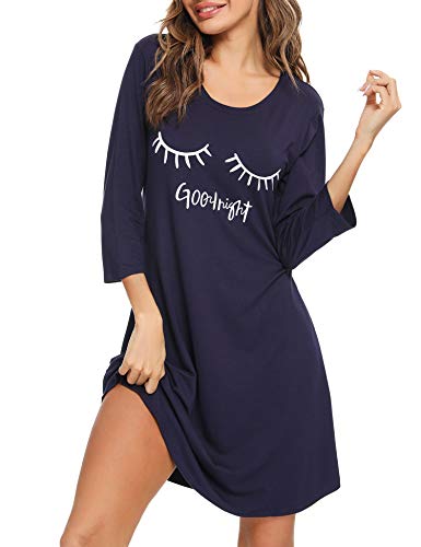 Sykooria Camisón de Mujer de Manga Larga Ropa de Dormir de Algodón Suave Camisón de Pijama Camisa de Dormir