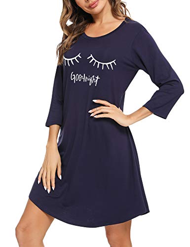Sykooria Camisón de Mujer de Manga Larga Ropa de Dormir de Algodón Suave Camisón de Pijama Camisa de Dormir