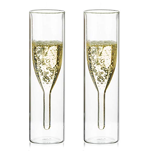 Sziqiqi Vasos a Granel de Cristal de Doble Pared con Copas de Champán, Copas de Vidrio Transparente Sin Tallo y Copas de Tulipanes Clásicos para Comidas, Bodas, Bares, Doble Pared