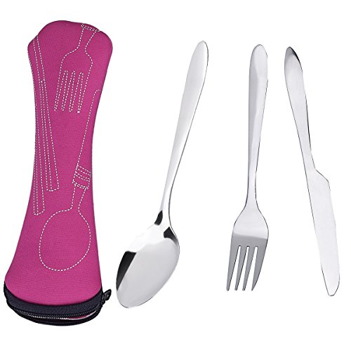 TankerStreet Cubertería de Camping Cubertería Acero Inoxidable de 3 Piezas [Cuchillo, Tenedor, Cuchara] con Neopreno Bolsa Ideal para Viajes y Camping - Fucsia