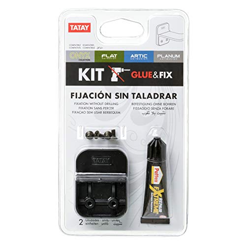 Tatay Kit de fijación Glue & Fix, Sistema de fijación sin taladrar, Compuesto de 2 Soportes en plástico y un Tubo de Pegamento de Alta Resistencia