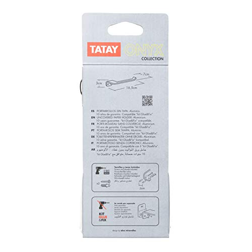 Tatay Portarrollos sin Tapa de la Colección Onyx, en Aluminio anodizado Negro Mate. Doble Sistema de fijación, Tornillos y Sistema Glue & Fix, sin taladrar.