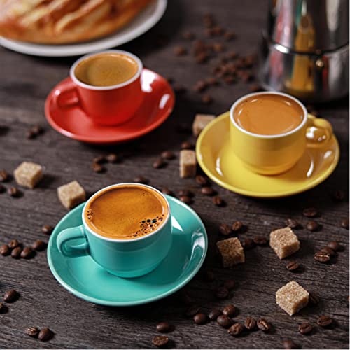Tazas de Espresso con Soporte - Juego de 6 Tazas de cerámica - Apilables - Con 6 Platos Incluidos - 75 ml - De Colores