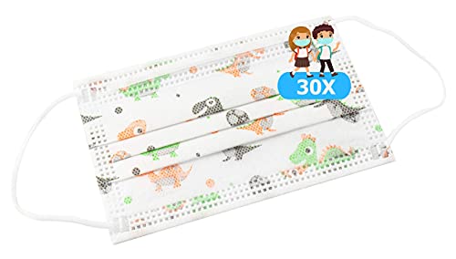 TBOC Mascarilla Higiénica Niños No Reutilizable - [Pack 30 Unidades] 3 Capas [Color Blanco Dino]