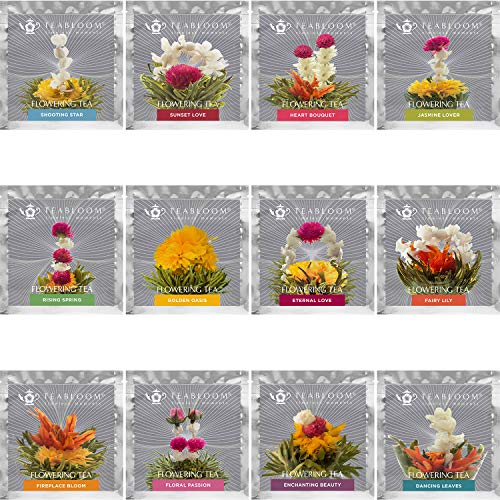 Té floral de Teabloom - 12 Variedades únicas de bolas de té de flores - Té verde atado a mano y flores comestibles - Recipiente para regalo de 12 paquetes - 36 tés, sirve para 250 tazas