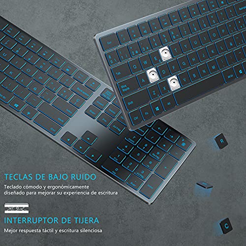Teclado Inalámbrico Retroiluminado, Teclado Español Inalámbrico de 2,4 GHz con Receptor USB, 7 Colores de Retroiluminación, Teclado Recargable de Tamaño Completo para Ordenador Portátil, Gris