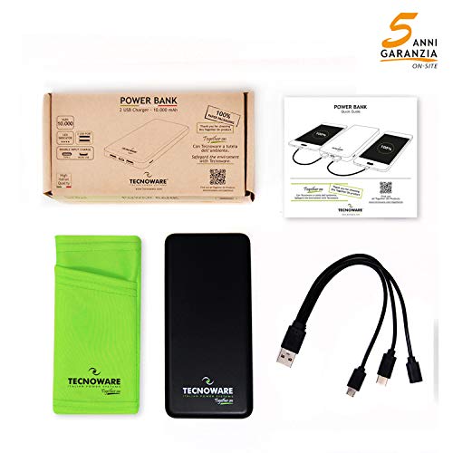 Tecnoware 10,000 mAh Cargador portátil con 2 Puertos USB - Powerbank - para teléfono Inteligente y Tableta (iPhone y Samsung) - Carga a través de Micro USB o USB-C - con indicador de batería