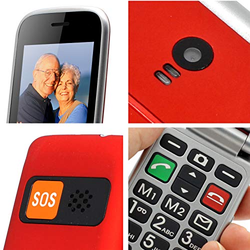 Teléfono Móvil para Personas Mayores Teclas Grandes con Tapa Pantalla de 2,4 Pulgadas Tecla de Emergencia Botón SOS Cámara Fácil de Usar para Ancianos y Base cargadora, Artfone Flip CF241A, Rojo