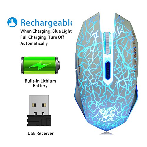 TENMOS M2 Inalámbrico Ratón, Recargable con Silencioso Ratón óptico Gaming Wireless Mouse con Receptor Nano 6 Botones para Ordenador Mac Notebook Desktop Laptop