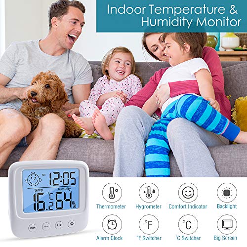 Termómetro Higrómetro Digital, Medidor de Temperatura para Medición de Temperatura y Humedad del Casa Ambiente con luz de fondo, reloj y función ℃ / ℉