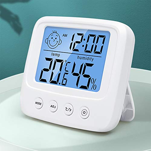 Termómetro Higrómetro Digital, Medidor de Temperatura para Medición de Temperatura y Humedad del Casa Ambiente con luz de fondo, reloj y función ℃ / ℉