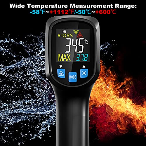 Termómetro infrarrojo, CURCONSA Pistola Temperatura Láser Digital sin Contacto, -50℃〜+600℃, con Nivel de Emisión Ajustable, Barbacoa, Coche e Industria.