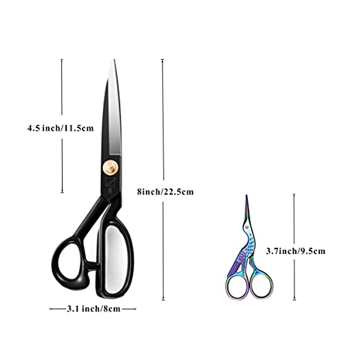 Tijeras de tela 22,5 cm, tijeras de costura y confección Tijeras de sastre de acero con alto contenido de carbono con tijeras de bordado de grúa de 9,5 cm, para cortar ropa, telas, cuero(diestros)