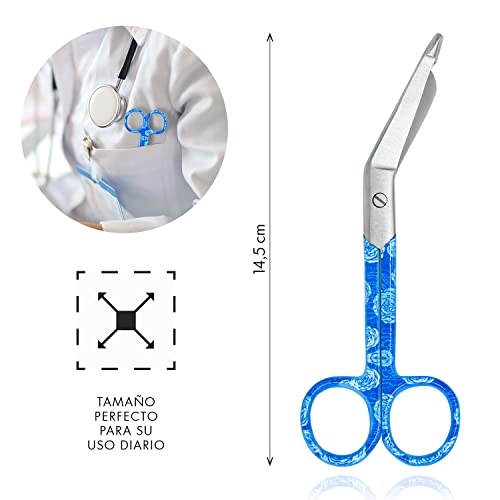 Tijeras enfermería de colores y estampados originales. Para practicar y profesionales. Punta roma y acero inoxidable. Especial vendajes y técnicas básicas. Regalo Enfermería accesorios (Azul Flores)