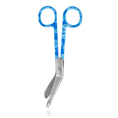 Tijeras enfermería de colores y estampados originales. Para practicar y profesionales. Punta roma y acero inoxidable. Especial vendajes y técnicas básicas. Regalo Enfermería accesorios (Azul Flores)