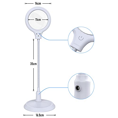 tm-home Lámpara LED De Aumento, 5X Lupa Manos Libres Regulable Con Luz y Soporte Para Lectura, Banco De Trabajo, Artista, Pasatiempos-blanco
