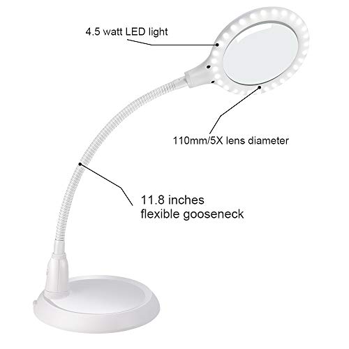 tm-home Lámpara LED De Aumento, 5X Lupa Manos Libres Regulable Con Luz y Soporte Para Lectura, Banco De Trabajo, Artista, Pasatiempos-blanco
