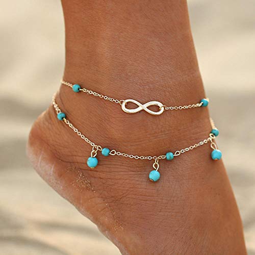 Tobillera Vintage de Color plateado antiguo para mujer, cuentas grandes de piedra azul, pulsera de cubierta checa, joyería en pies-C dorado