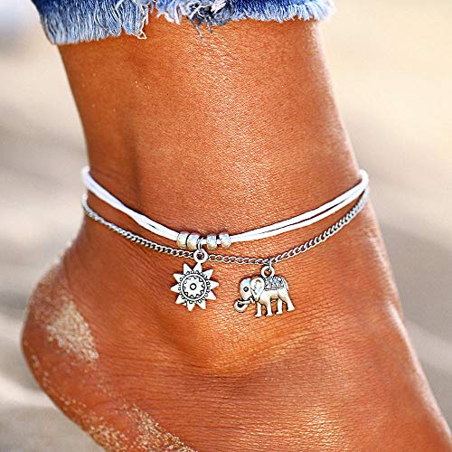 Tobillera Vintage de Color plateado antiguo para mujer, cuentas grandes de piedra azul, pulsera de cubierta checa, joyería en pies-C dorado