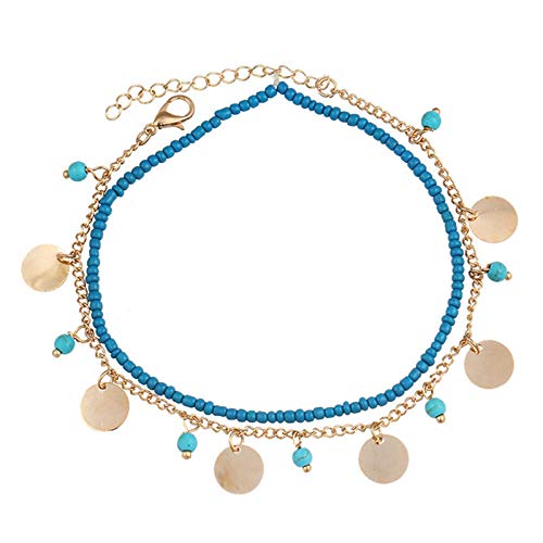 Tobillera Vintage de Color plateado antiguo para mujer, cuentas grandes de piedra azul, pulsera de cubierta checa, joyería en pies-C dorado