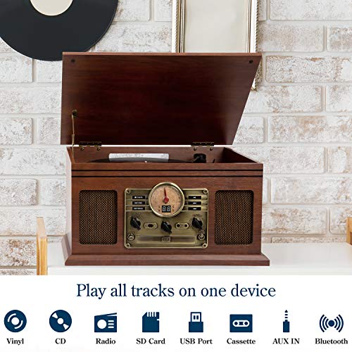 Tocadiscos de Vinilo Vintage con Altavoces Integrados - Reproducción de MP3 USB / Bluetooth / Radio FM / Reproductor de CD y Casete / Discos de Vinilo LP / Lector de Tarjetas SD / Grabadora (Marrón)