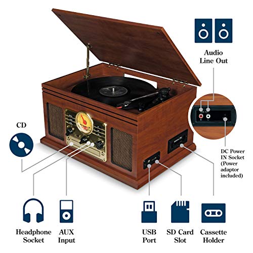 Tocadiscos de Vinilo Vintage con Altavoces Integrados - Reproducción de MP3 USB / Bluetooth / Radio FM / Reproductor de CD y Casete / Discos de Vinilo LP / Lector de Tarjetas SD / Grabadora (Marrón)