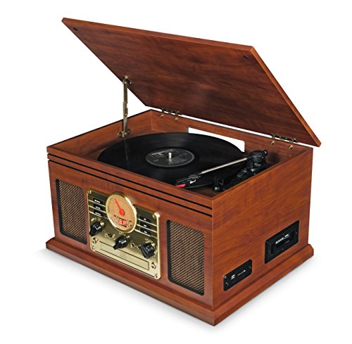 Tocadiscos de Vinilo Vintage con Altavoces Integrados - Reproducción de MP3 USB / Bluetooth / Radio FM / Reproductor de CD y Casete / Discos de Vinilo LP / Lector de Tarjetas SD / Grabadora (Marrón)