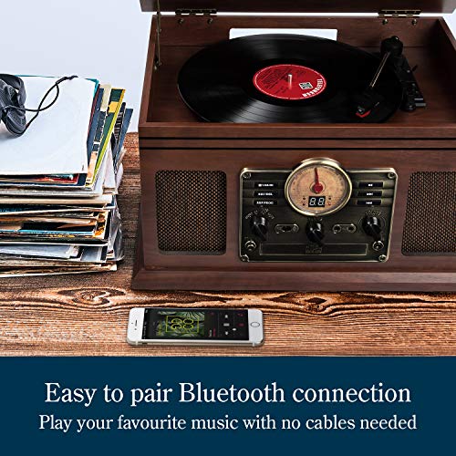 Tocadiscos de Vinilo Vintage con Altavoces Integrados - Reproducción de MP3 USB / Bluetooth / Radio FM / Reproductor de CD y Casete / Discos de Vinilo LP / Lector de Tarjetas SD / Grabadora (Marrón)