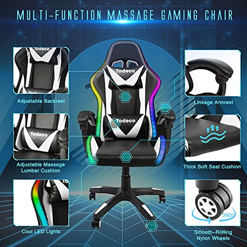 Todeco Gaming Silla Masaje con Luz LED Gamer Silla PC Oficina Silla Ordenador ergonómica Inclinación y Altura Ajustable Giratorio 360º con Reposacabezas y Almohadilla Lumbar De Masaje, Blanco