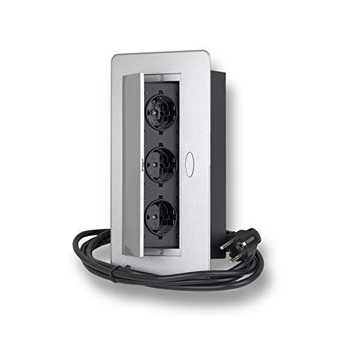 Toma de corriente retráctil con 3 enchufes Schuko, con cable de 1,5 m para cocina, oficina, ahorro de espacio, 230 V CA, IP20, color negro, plateado, máx. 3600 W